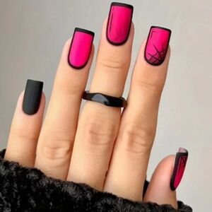 🔥3/$21 Hot Pink and black cartoon web design Press on False nails